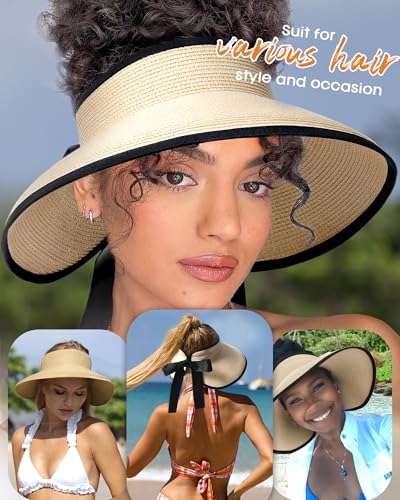 Women's Straw Sun Visor Hat UPF Wide Shade Ponytail Summer Hat (One Size / Beige)