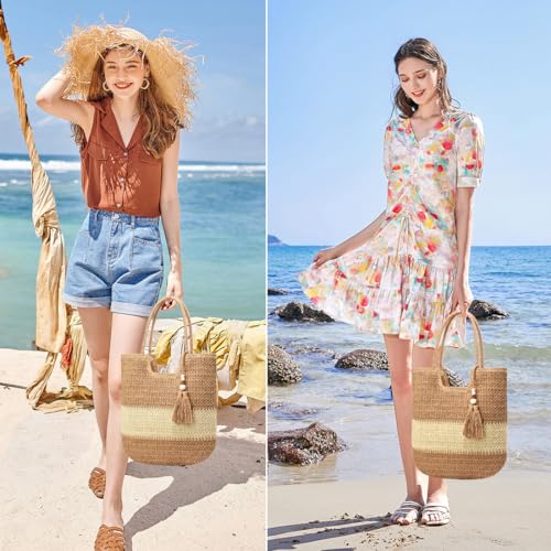 Straw Beach Bags for Women Summer Tote Bag Boho Shoulder Purse (A Khaki)