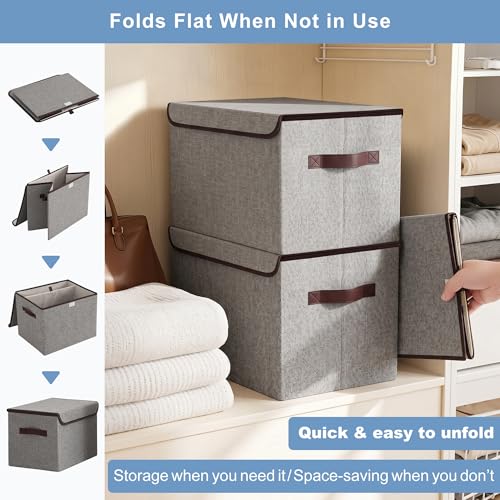 Large 17" 42 Quarts Collapsible Stackable Storage Bins with Lids [3 (Gray / Large - 3 Pack)