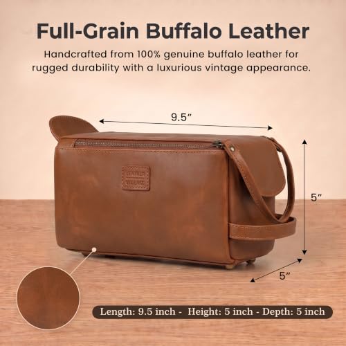 Genuine Leather Toiletry Travel Bag For Men & Women (Sun Tan / 10"X5")