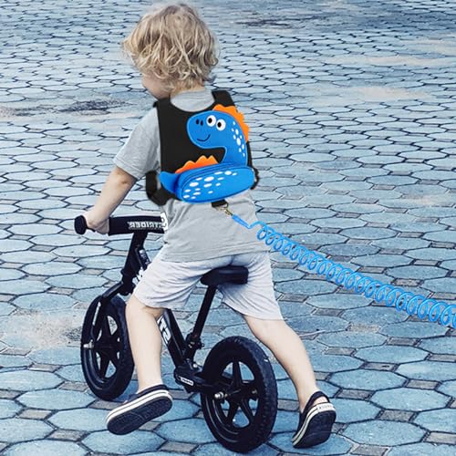 Toddler Harness Leash with Anti Lost Wrist Link (Black/Blue Spotted Brachiosaurus, Blue Link)