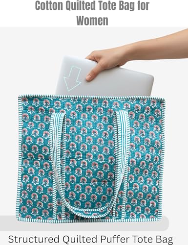100% Cotton Quilted Tote Bag For Women (Ball Blue Purple Thorn Floral Print)