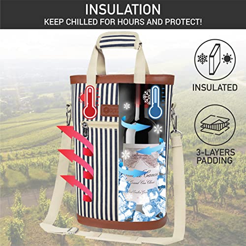 2 Bottle Wine Bag Carrier Insulated Leakproof Wine Cooler Navy Stripes (Navy Stripes)