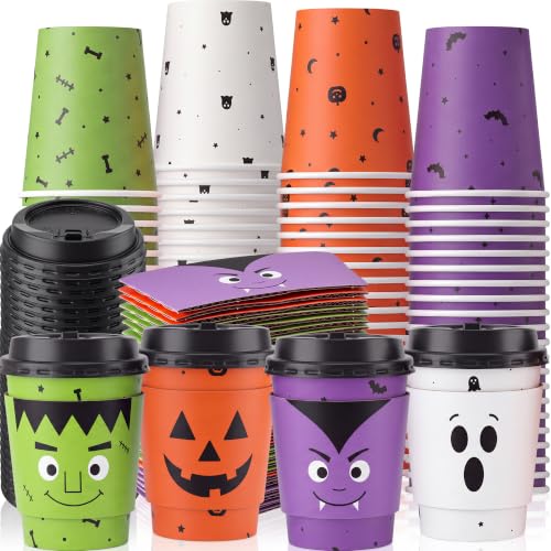 100 Sets 8 oz Halloween Disposable Coffee Cups with Lid and Sleeve (Monster)