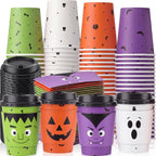 100 Sets 8 oz Halloween Disposable Coffee Cups with Lid and Sleeve (Monster)