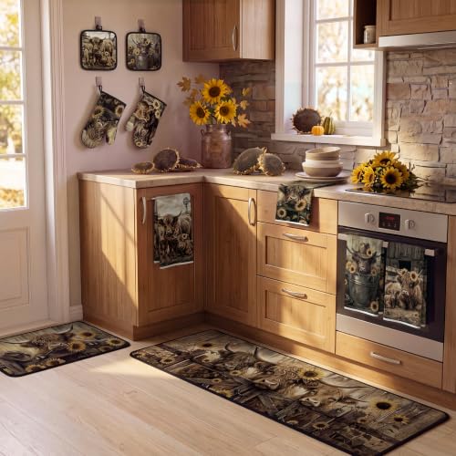 10 Pcs Rustic Highland Cow Kitchen Decor and Accessories Set (Brown / Cow Sunflower)