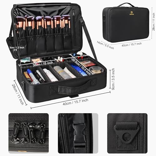 Makeup Case Large Makeup Bag Professional Train Case 16.5 inches Travel Cosmetic Organizer Brush Holder Waterproof Makeup Artist Storage Box (Large / Black)