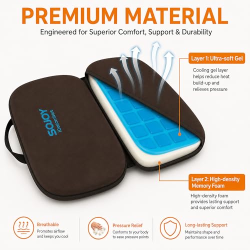 3-in-1 Foldable Gel Seat Cushion with Memory Foam Ergonomic Portable Cushion for Back Pain & Tailbone Relief - Perfect for Office Chair, Airplane Travel & Stadium Seats (18.5" x 15" x 2" Brown) (Brown)