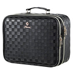 Makeup Bag with LED Lighted Mirror 12.2 IN Cosmetic Train Case Double Layer Makeup Case Adjustable Brightness in 3 Colors Cosmetic Organizer Artist Storage with Brush Holder Vanity Black Checkerboard (12.2 Inch Black Checkerboard / 0-Double Layer)