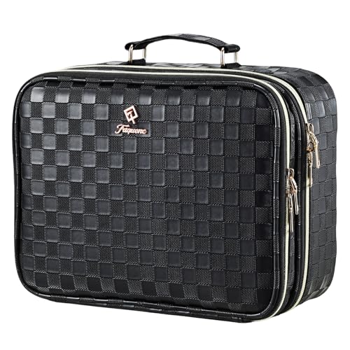 Makeup Bag with LED Lighted Mirror 12.2 IN Cosmetic Train Case Double Layer Makeup Case Adjustable Brightness in 3 Colors Cosmetic Organizer Artist Storage with Brush Holder Vanity Black Checkerboard (12.2 Inch Black Checkerboard / 0-Double Layer)