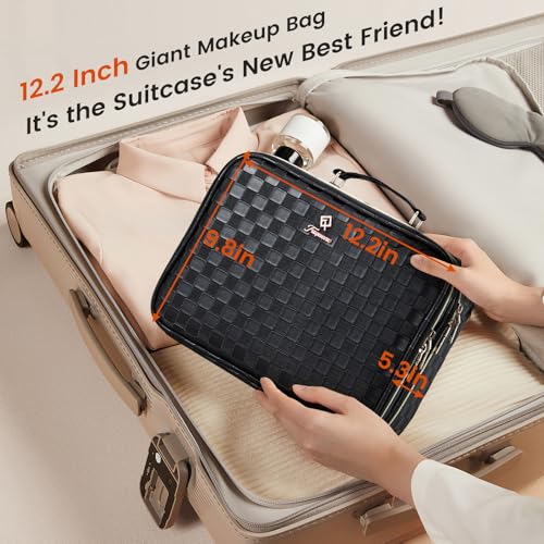 Makeup Bag with LED Lighted Mirror 12.2 IN Cosmetic Train Case Double Layer Makeup Case Adjustable Brightness in 3 Colors Cosmetic Organizer Artist Storage with Brush Holder Vanity Black Checkerboard (12.2 Inch Black Checkerboard / 0-Double Layer)