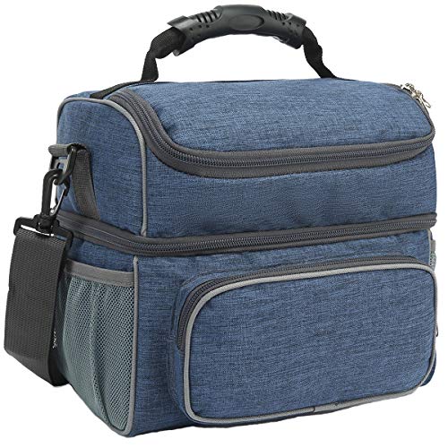 Double Layer Cooler Insulated Lunch Bag Adult Lunch Box Large Tote Bag for Men (Navy)