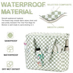 Waterproof Beach Tote Pool Bags for Women Ladies Extra Large Gym Tote Carry On Bag With Wet Compartment for Weekender Travel (Grass Green White Grid)