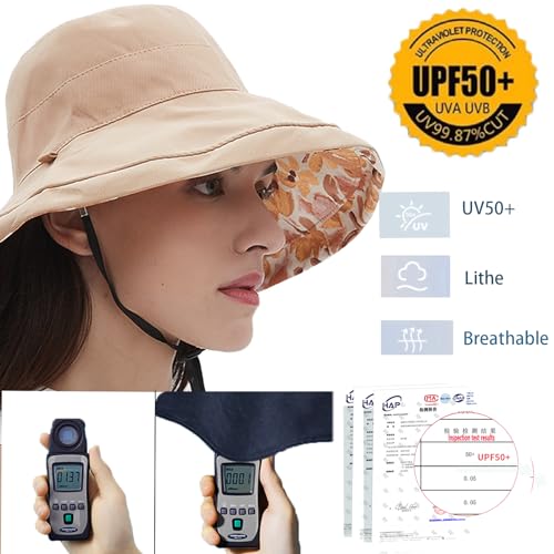 Womens Sun Hats Wide Brim Reversible Bucket Cotton Hat Packable Summer Travel Cap with Hat Clip (Medium / Khaki)