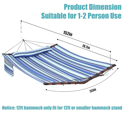 12FT 2 Person Hammock with V Shaped Spreader Bar (Blue Stripes)