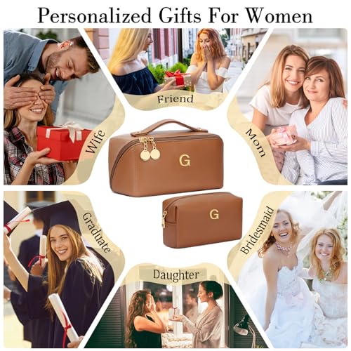 Initial Makeup Bag Personalized Gift for Women Teen Girls (Brown / G)