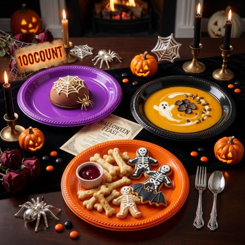 100 Count 10 Inch Halloween Plastic Plates Colored Party Disposable Plates (Black/Orange/Purple / 100 Pcs)