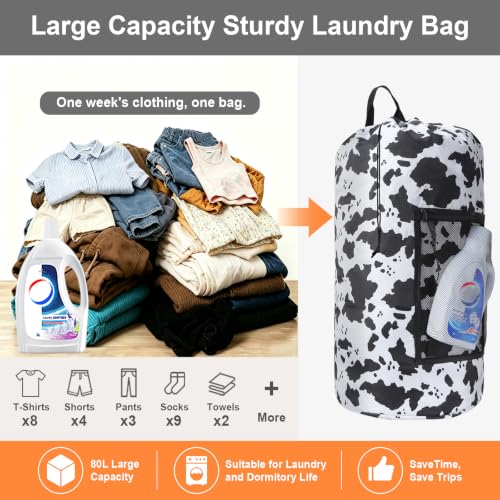 Laundry Backpack Portable Travel Laundry Bags with Straps and Mesh Pocket (Cow Print / 2 Pack)