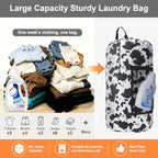 Laundry Backpack Portable Travel Laundry Bags with Straps and Mesh Pocket (Cow Print / 2 Pack)