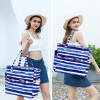 Waterproof Beach Tote Pool Bags for Women Ladies Extra Large Gym Tote Carry On Bag With Wet Compartment for Weekender Travel (Blue White Stripes)