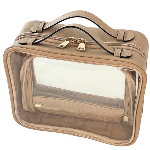 Clear Makeup Bag Toiletry Bag for Women Cosmetic Case Large Capacity Travel Make Up Bag Organizer Transparent Storage Compartment TSA Approved (BEIGE)