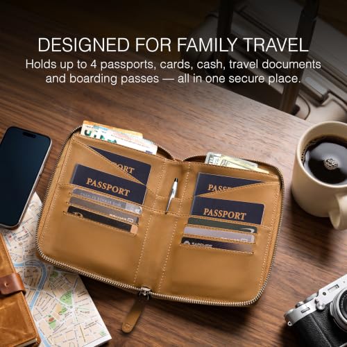 Full Grain Leather Family Passport Holder for 4 Passports (Tan)