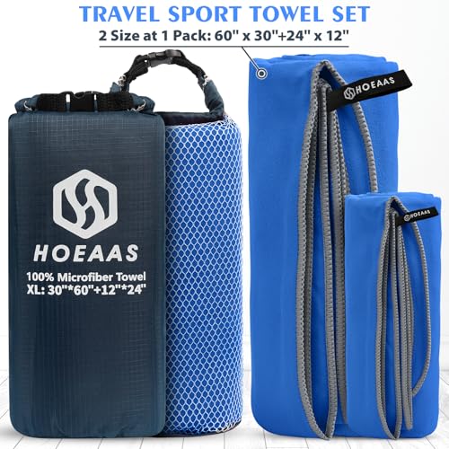 2 Pack Microfiber Camping Towels (Dark Blue / XL: 60" x 30"+24" x 12")