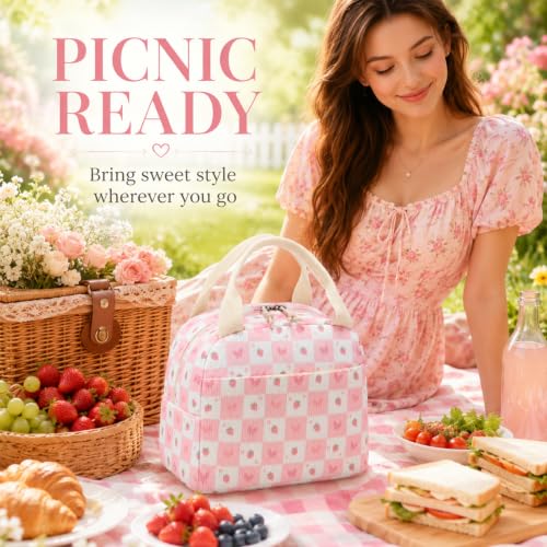 Lunch Bag for Women Cute Corduroy Lunch Tote Bags with Shoulder Strap Reusable Insulated Lunch Box Large Capacity Reusable Insulated Cooler for Work Picnic or Travel (Strawberry Bow 246 / 10L)
