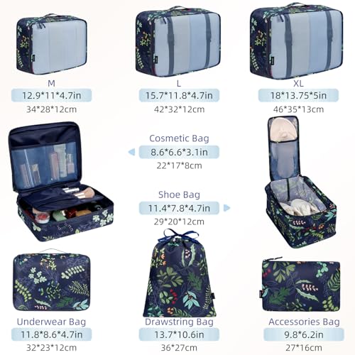 8 Set Packing Cubes Luggage Packing Organizers for Travel Accessories (Navy Leaf / 8 Set)