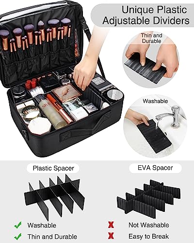 Large Makeup Organizer Profession Makeup Bag Extra Large Makeup Case with Adjustable Dividers (Super Large / Black with Plastic Dividers)