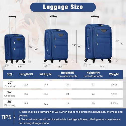 Softside Luggage Set Lightweight 3 Piece Suitcase with Duffel Bag (Softside Luggage(22/26/30) / Blue + bags)