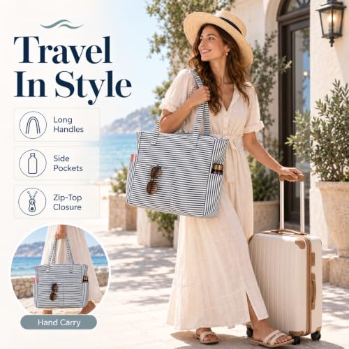Waterproof Beach Tote Pool Bags for Women Ladies Extra Large Carry On Bag With Wet Compartment for Weekender Travel (Purple & White Micro Stripes)