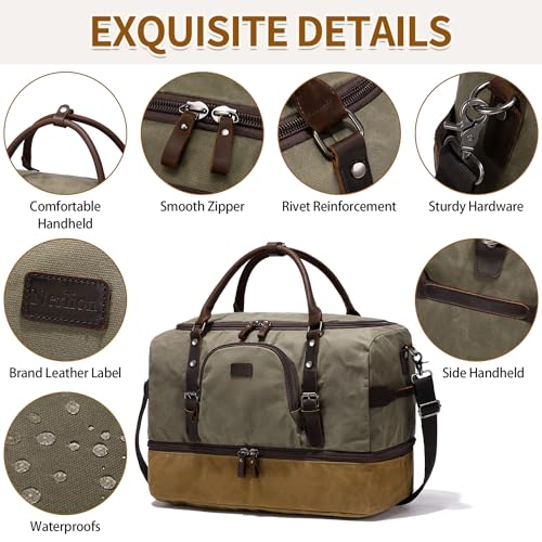 Nerlion Green Large Weekender Overnight Duffel Bag with Shoe Compartment and Leather Accents (Green)