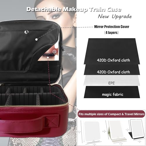 Travel Makeup Bag Cosmetic Bag Makeup Organizer Bag with Lighted Mirror (Wine Red / Woven)