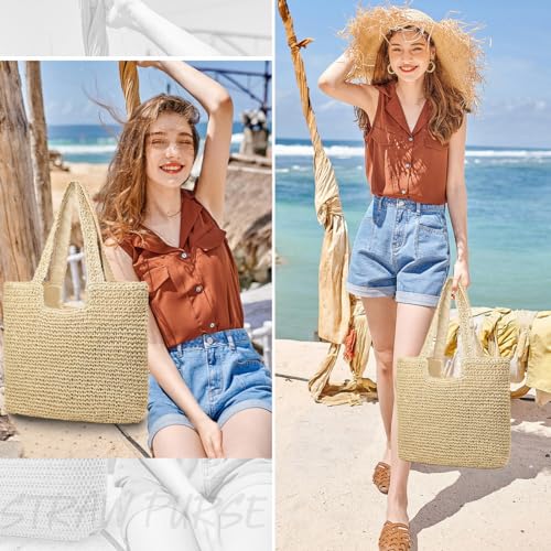 Straw Beach Bags for Women Straw Woven Beach Tote Bag Casual Boho Large Shoulder Handbags Purse for Vacation Holiday Picnic (E Beige)