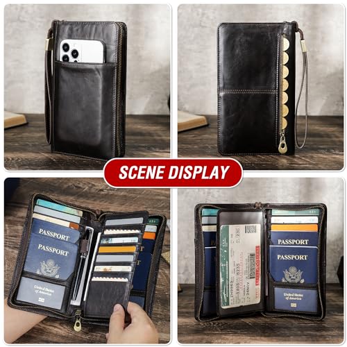 Top Grain Leather Travel Passport Wallet Holder for Man & Woman (For 4 Passports-Zipper Style / Classic-Glossy Coffee)