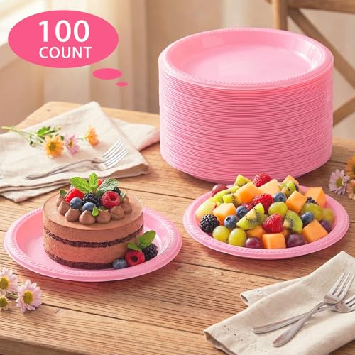100 Pcs 10 Inch Pink Plastic Plates (Pink / 100 Pcs)