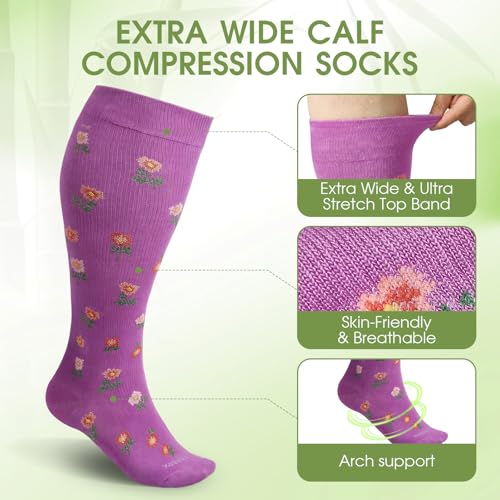 Plus Size Compression Socks for Women 3 Pairs Viscose for Bamboo Wide Calf 15 (XX-Large / 3 Pair-flower)
