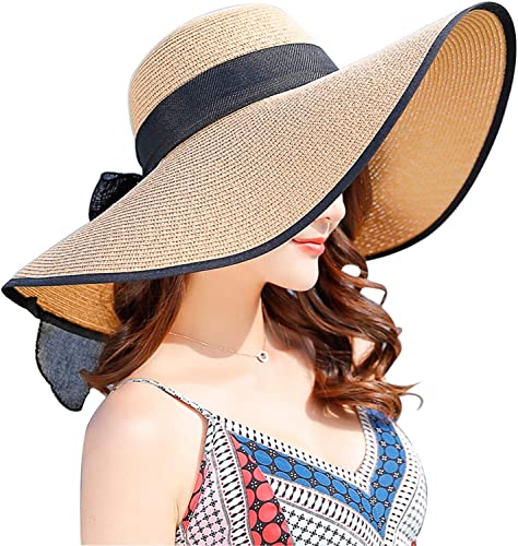 Womens Bowknot Straw Hat Foldable Beach Sun Hat Roll up UPF 54+ (Ac Khaki 5.9" Brim, 1 Pack)