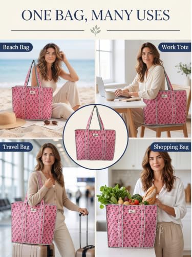 100% Cotton Quilted Tote Bag For Women (Pink Meadow)