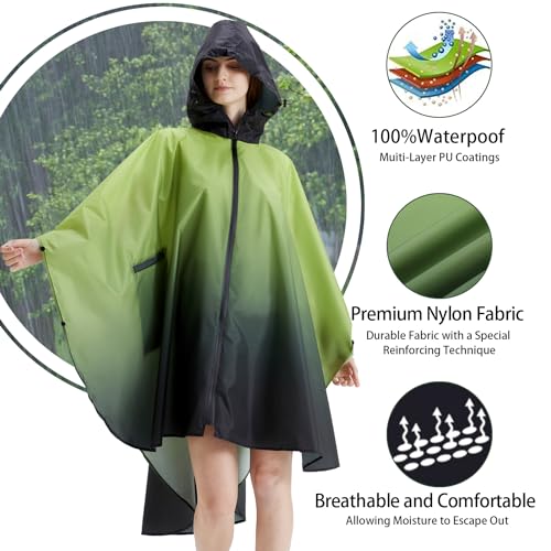 Rain Poncho Jacket Coat Hooded Zipper Style for Women (One Size / Gradient Green)
