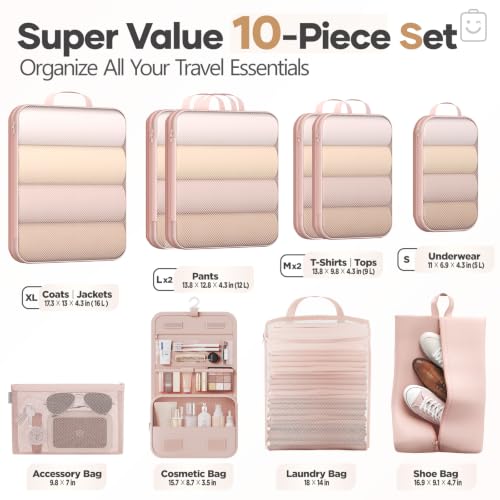 10 Set Compression Packing Cubes for Travel Essentials (Beige(Toiletry Bag) / 10 set)