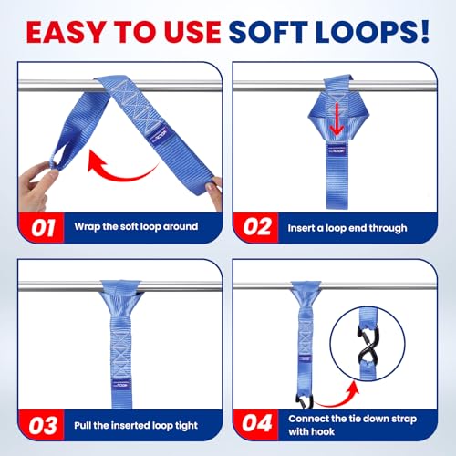 MOCA Heavy Duty Ratchet Straps Tie Down 4 Pack 1.6" x 8 ft (Blue / 8ft)