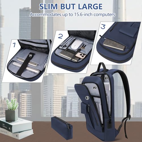 Business Backpack for Men Slim Lightweight Laptop Backpack Water Resistant Small Office Backpack for Commute Travel Daily Office Work with Small Bag (15.6" / With Pocket / Blue)