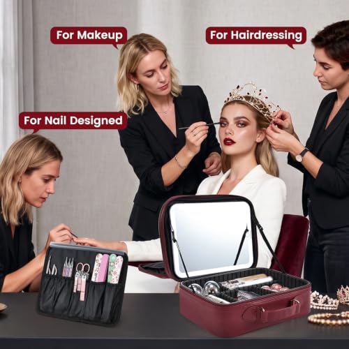 Makeup Bag with LED Lighted Mirror 12.2 IN Cosmetic Train Case Double Layer (12.2 Inch Red / 0-Double Layer)
