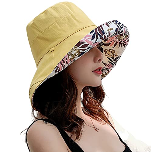 Women Floral Reversible Wide Brim Sun Hats Wired Edge Summer UPF Hat for Beach Hiking Garden Travel Lawn Work Chin Strap (Medium / Qf002-yellow)