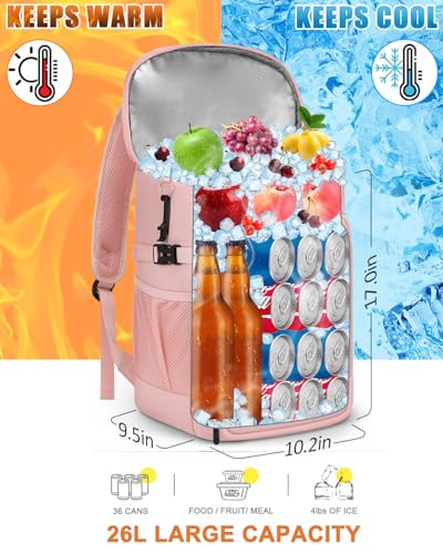 Cooler Backpack Insulated Leak Proof for Women Men Soft Cooler Bag (36 Cans / Pink)