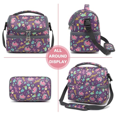 Double Decker Cooler Insulated Lunch Bag Large Tote for Boys (Purple-Unicorn)