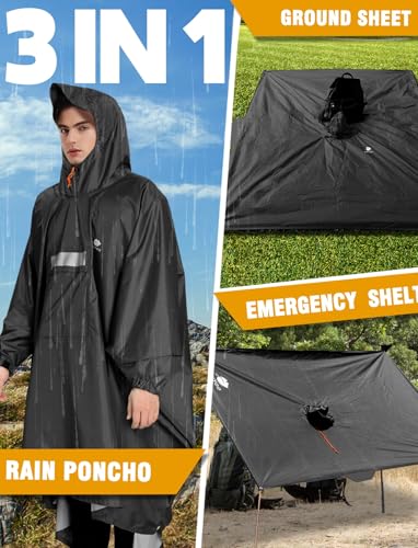Hooded Rain Poncho for Adult Waterproof Lightweight Raincoat (Z-black(with Zipper))