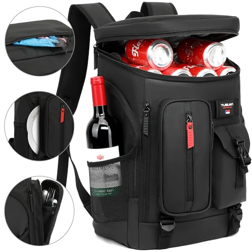 36 Cans Backpack Cooler Insulated Leakproof PU Soft Large Cooler Bag (Black-Pu)